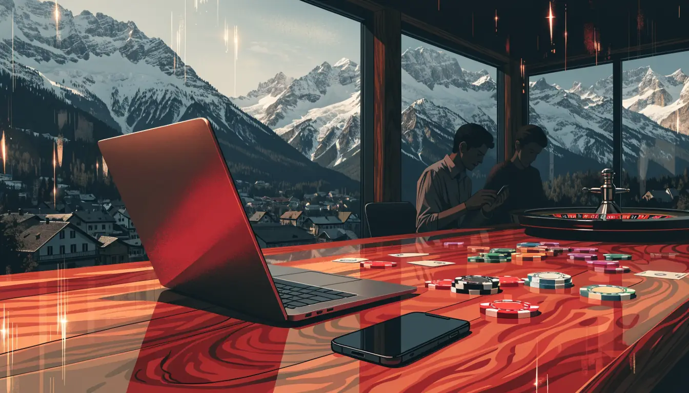 Alpen-Casinoszene mit Roulette, Chips und Geräten in Österreich