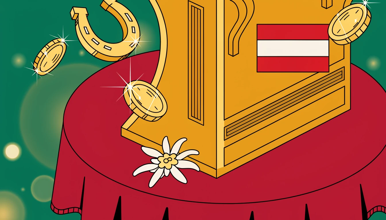Isometrische Illustration eines Spielautomaten mit österreichischen Akzenten und Glückssymbolen