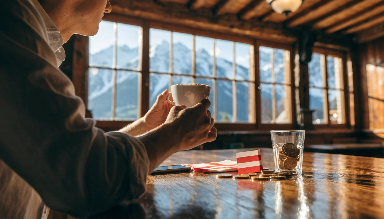 Österreichische Gaststube mit Alpenblick und Goldmünzen auf dem Tisch