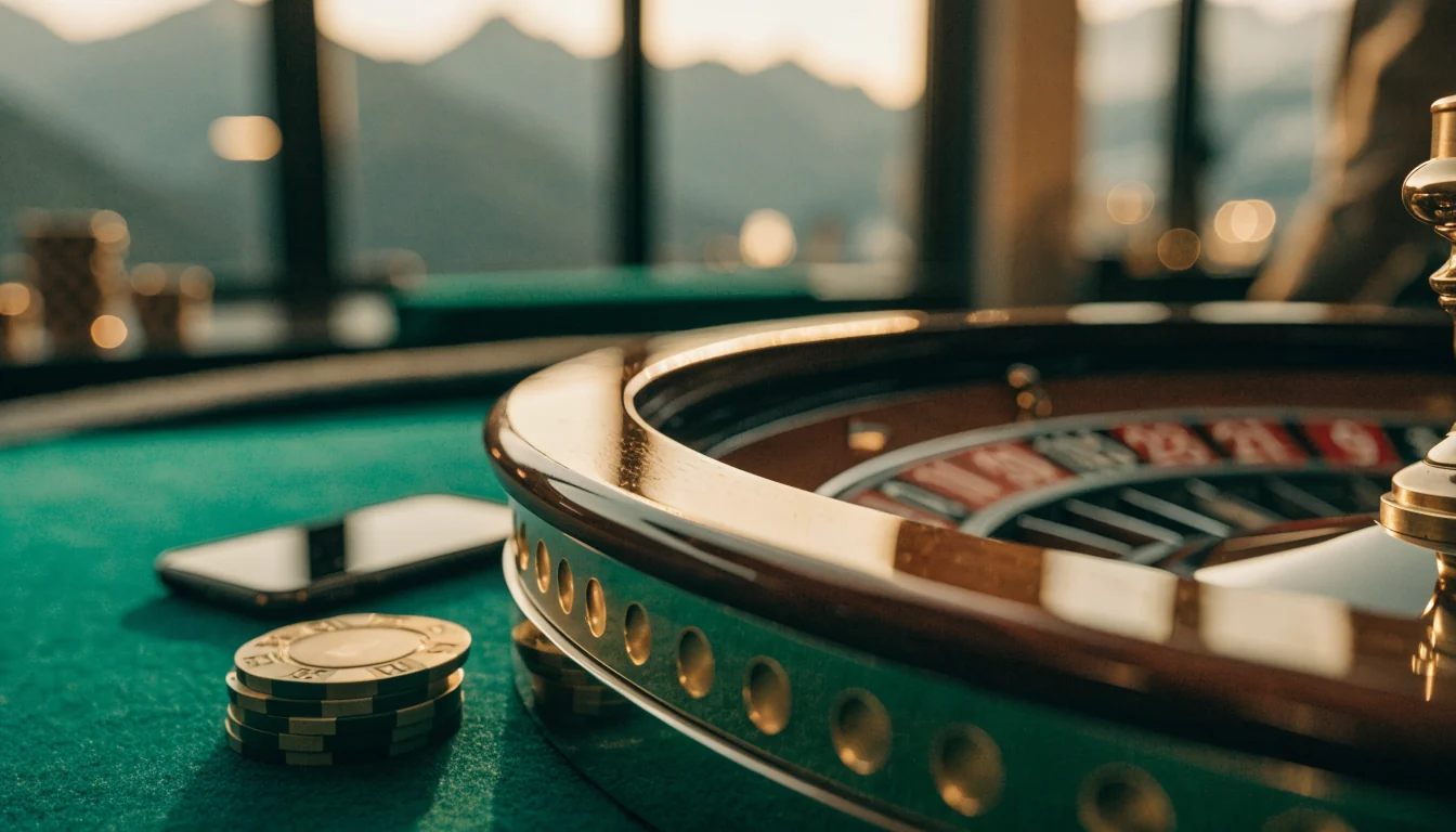 Casino-Chips und Roulette-Rad mit Alpen-Silhouette im Hintergrund
