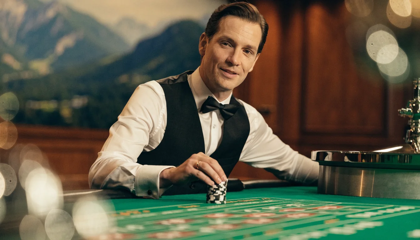 Professioneller Live-Dealer am eleganten Roulette-Tisch in einem Casino-Studio