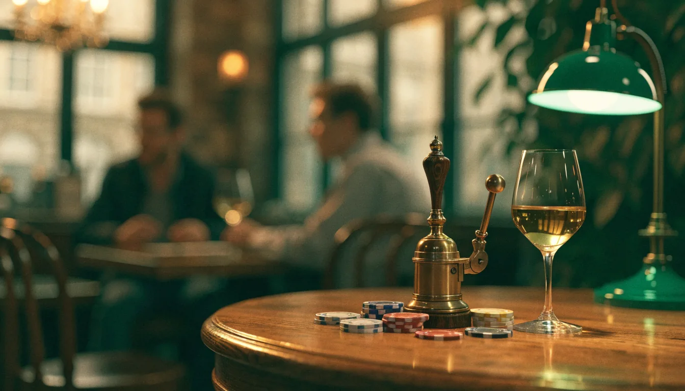 Stilisierte Szene mit Spielautomaten-Hebel, Casino-Chips und Wiener Kaffeehaus-Ambiente