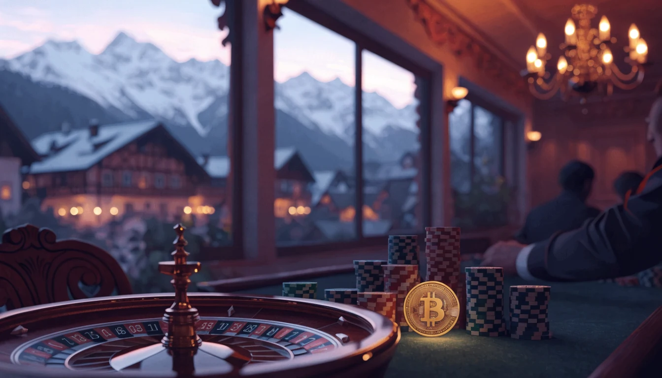 Alpen-Casino-Lounge mit Rouletterad, Chips und Bitcoin-Münze vor Bergpanorama