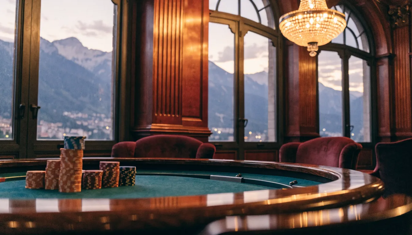 Elegantes Casino-Interieur bei Abenddämmerung mit Roulette-Tisch und Alpenpanorama durch Bogenfenster