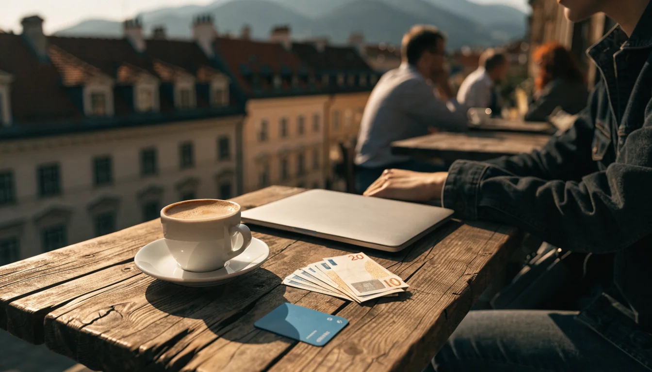 Wiener Kaffeeterrasse mit Laptop, E-Wallet-Karte und Euro-Scheinen, Alpen im Hintergrund