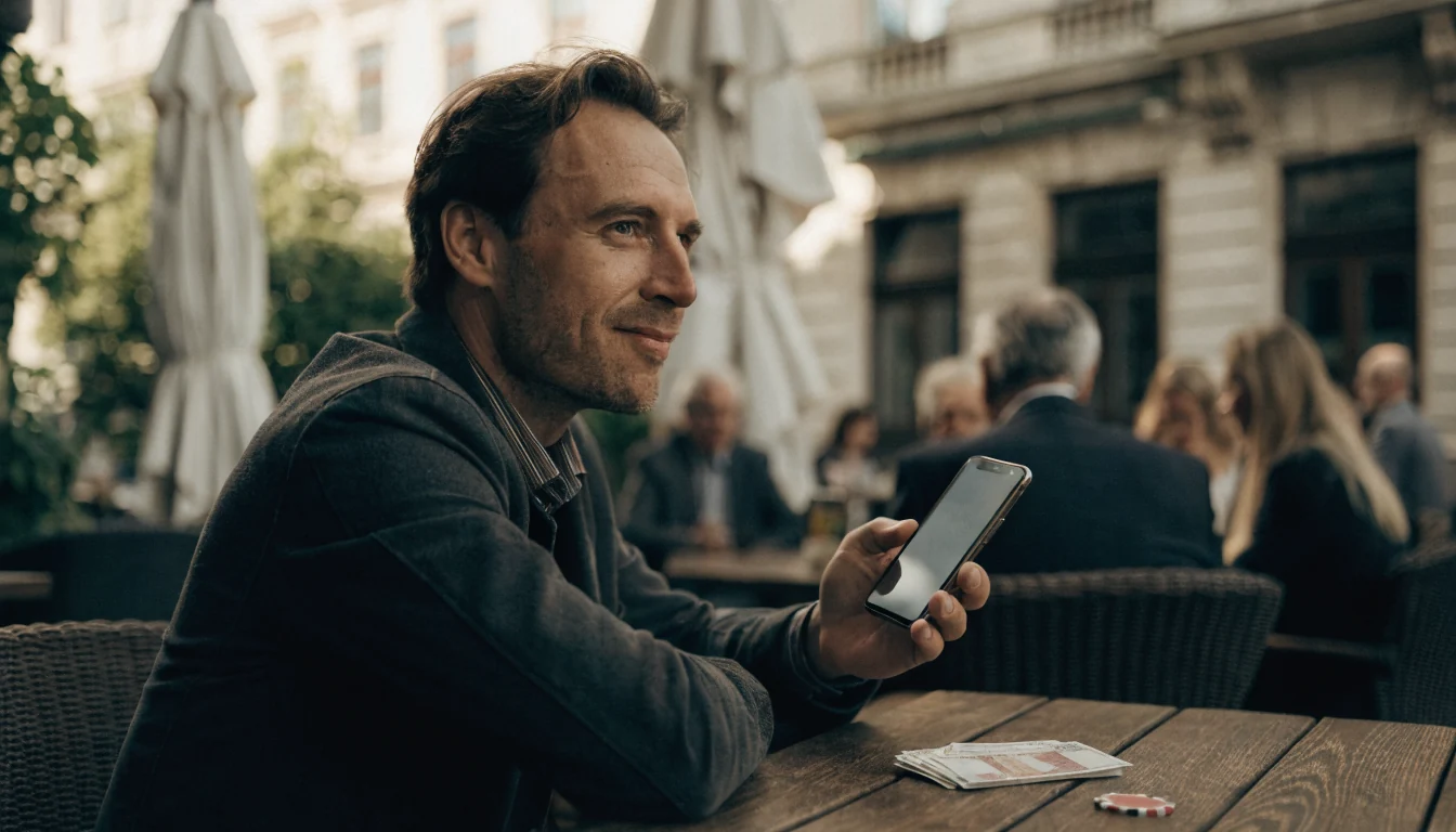 Österreichischer Spieler mit Smartphone und Euro-Banknoten im Café