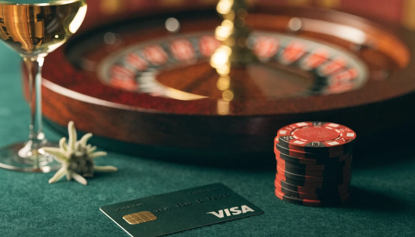 Visa-Kreditkarte auf Casinotisch mit Chips und Roulette in Österreich