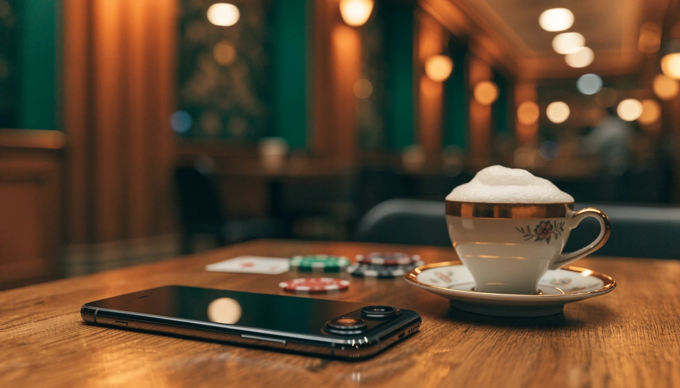 Smartphone mit Casino-Chips und Kaffee in Wiener Ambiente