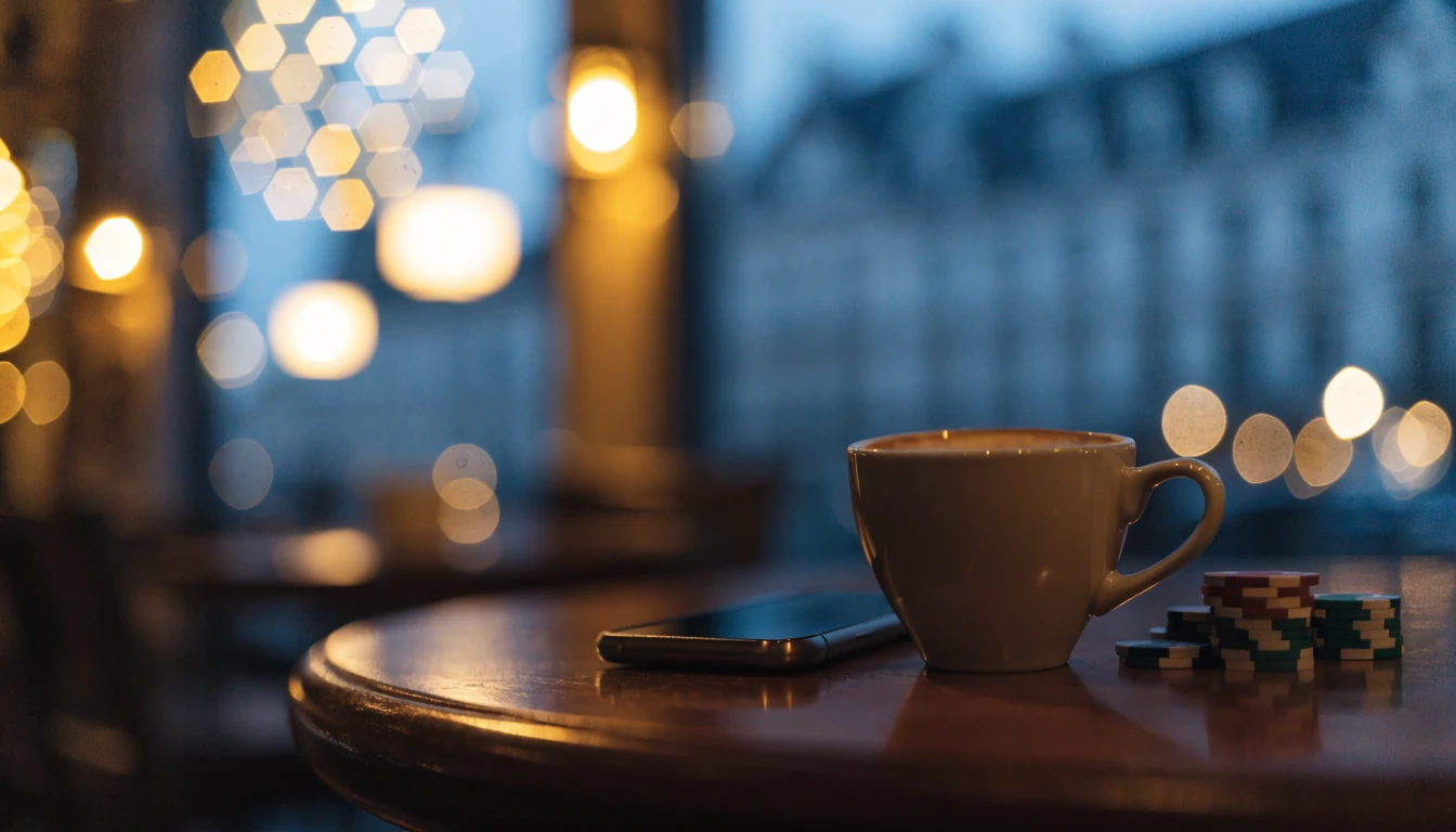 Smartphone mit Casino-Chips in einem Wiener Café bei Abendlicht