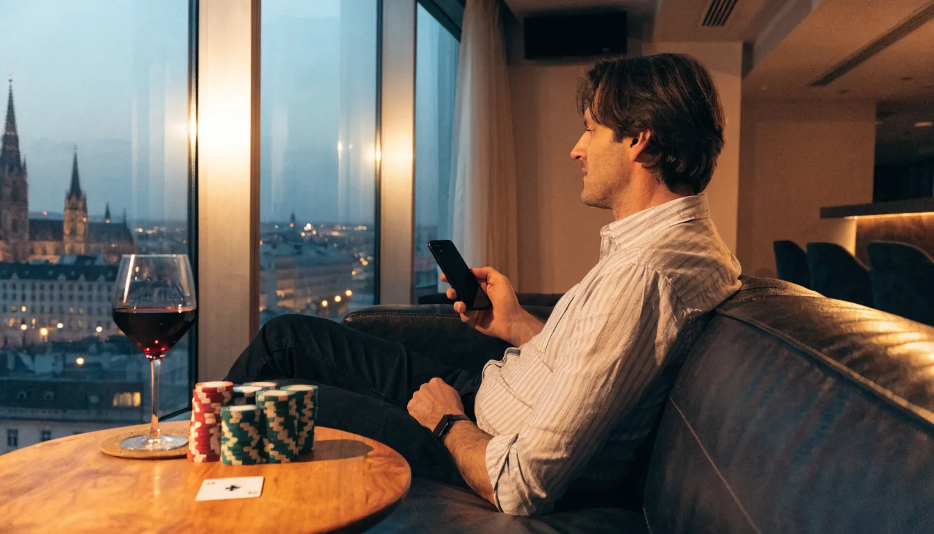 Mann mit Smartphone in Wiener Wohnung mit Casino-Chips und Weinglas