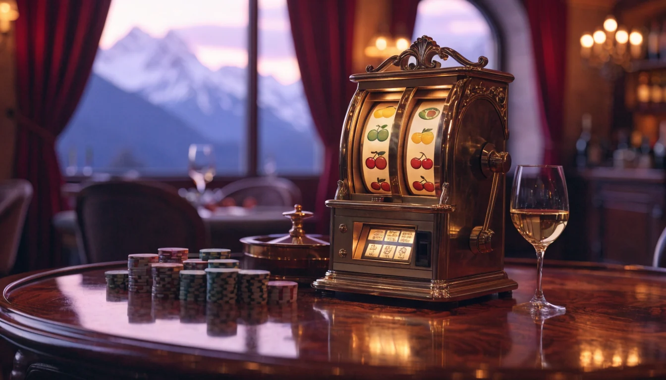 Elegante österreichische Casino-Lounge mit Spielautomat, Jetons und Alpenblick