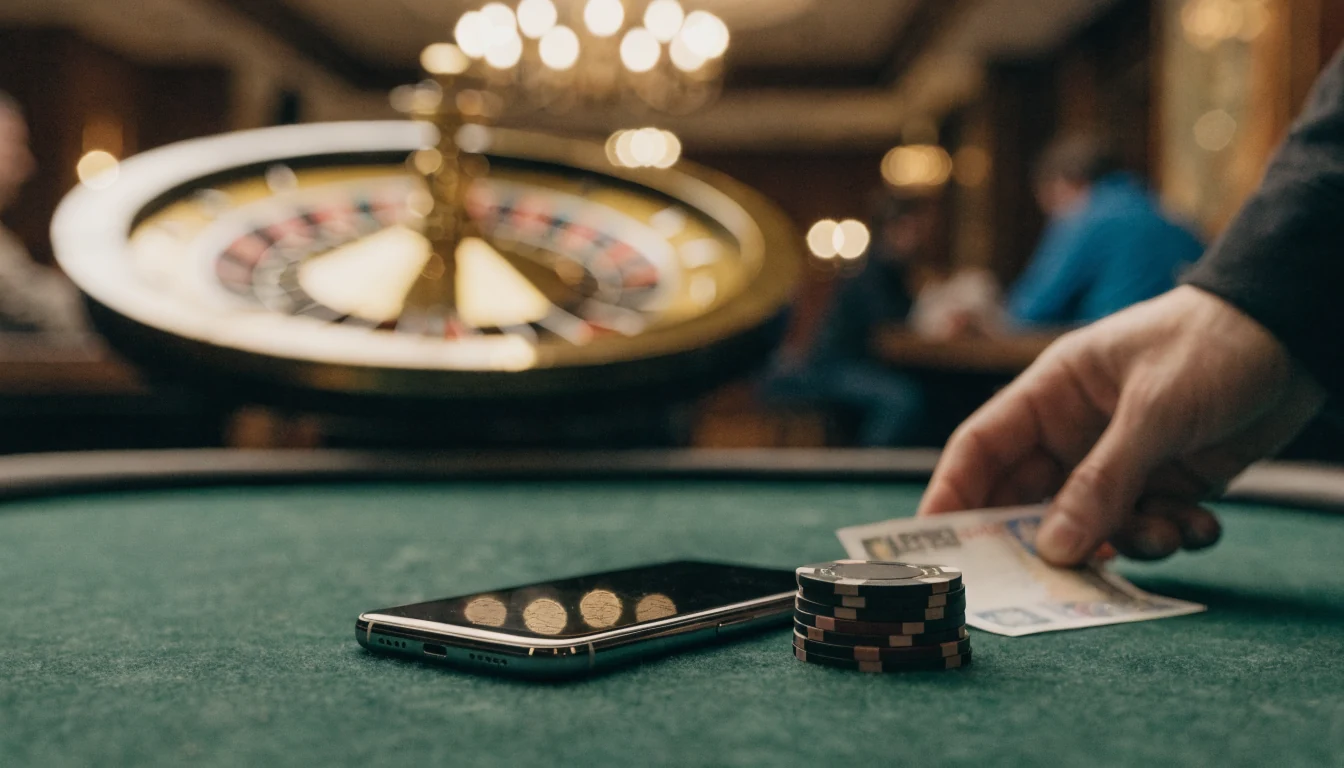 Smartphone und Spielchips auf Casinotisch mit Roulette, schnelle Auszahlung symbolisiert