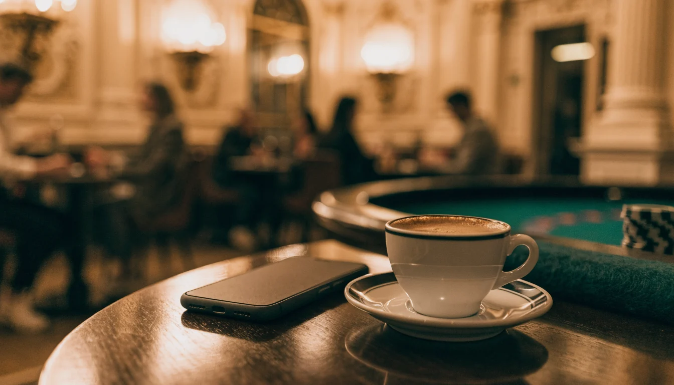 Smartphone auf einem Holztisch im Wiener Kaffeehaus mit Roulette-Tuch und Chips