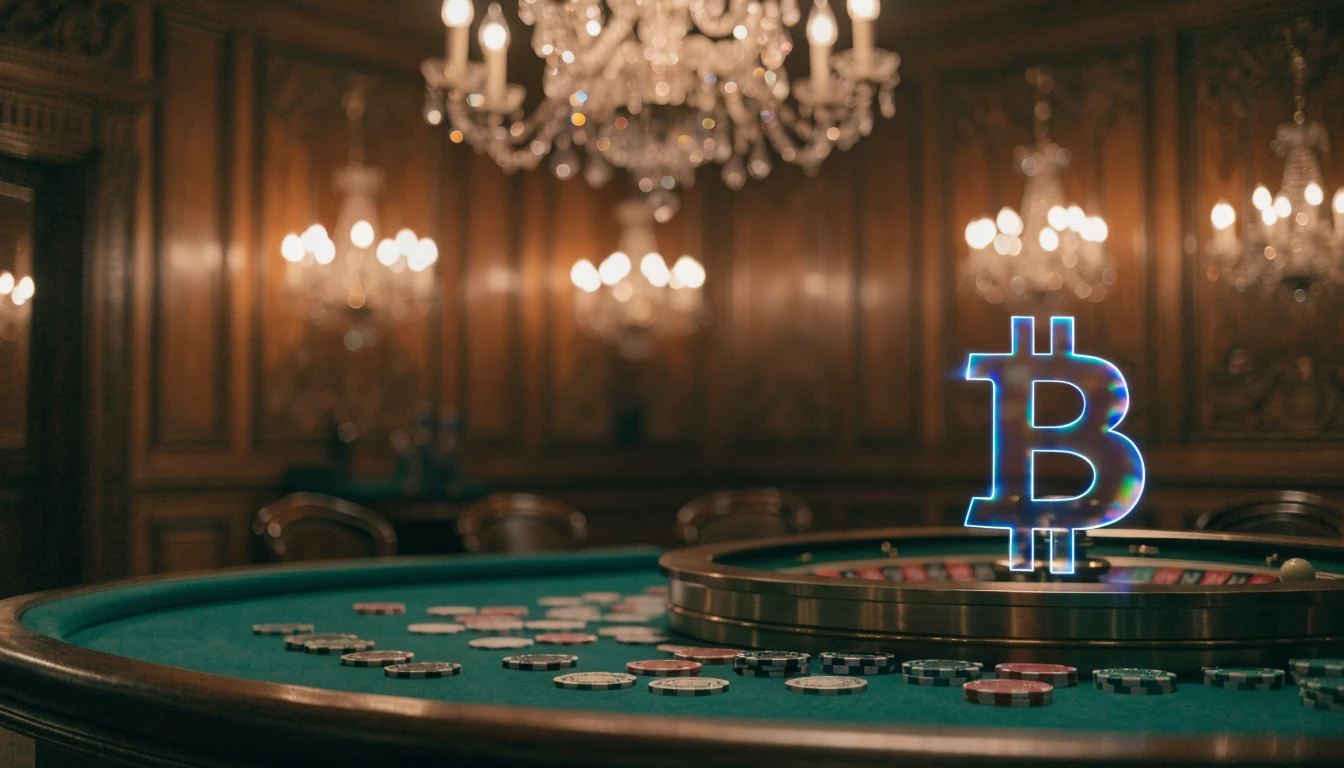Stimmungsvolles Foto eines österreichischen Casino-Saals mit Roulette und holografischem Bitcoin-Symbol.