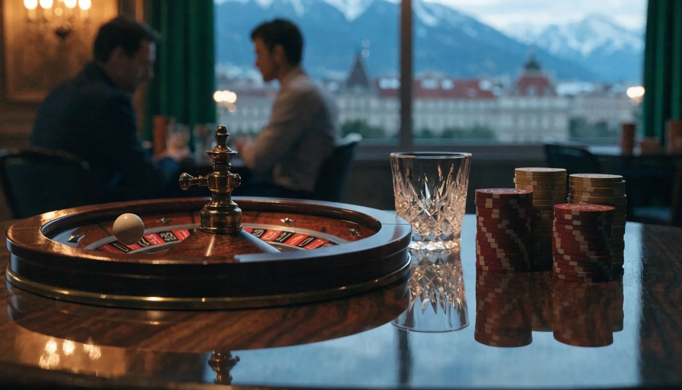 Eleganter Casino-Tisch mit Spielchips, Roulette und Blick auf die österreichischen Alpen