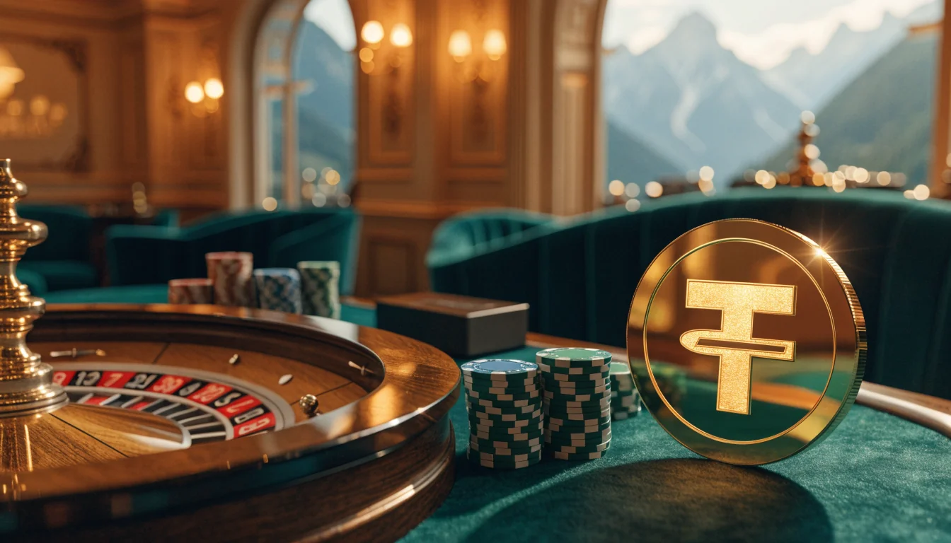 Eleganter österreichischer Casino-Salon mit Roulette, Chips und leuchtender Tether-Münze vor Alpenpanorama