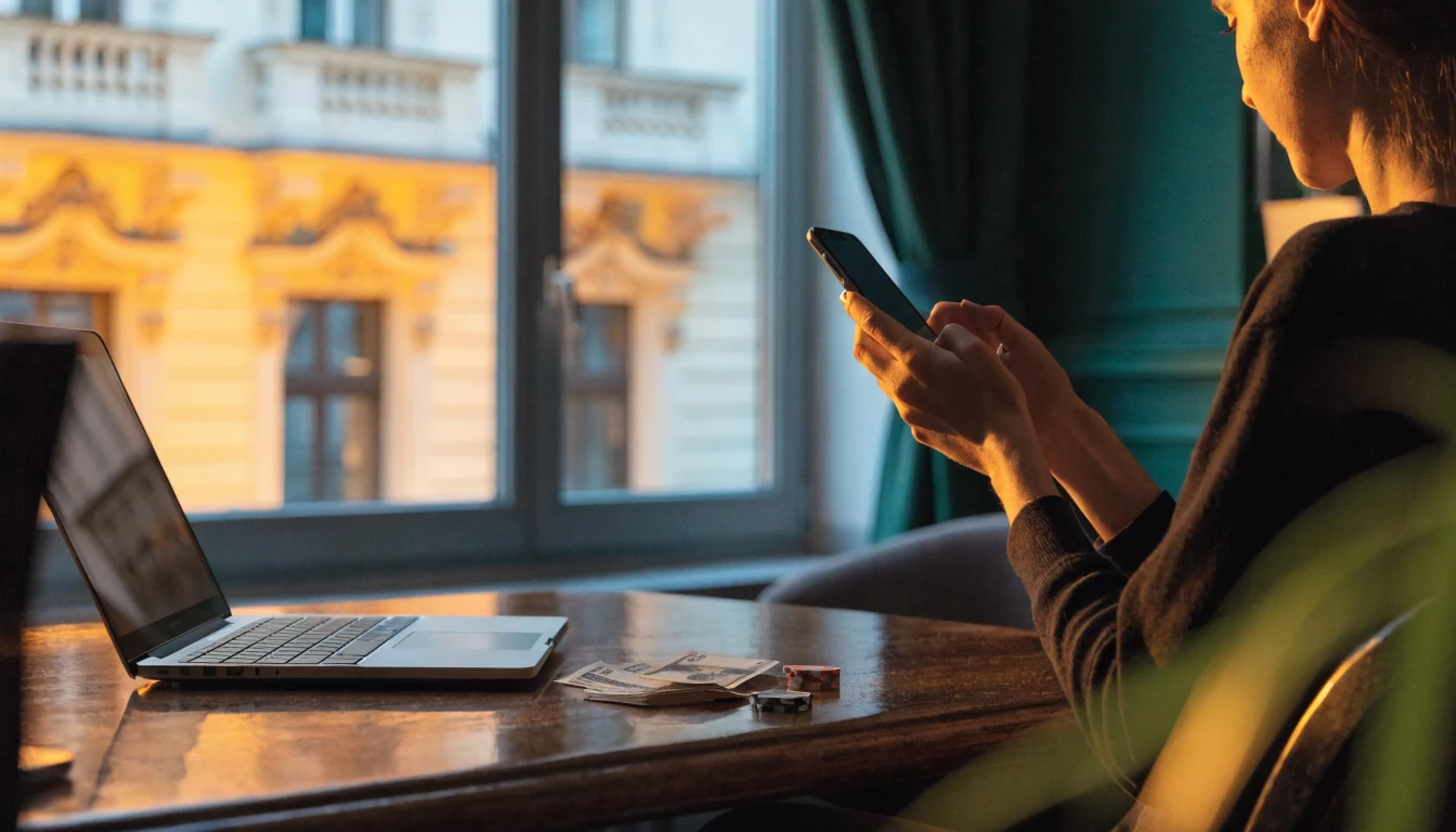Spieler in Wiener Wohnung mit Smartphone und Laptop
