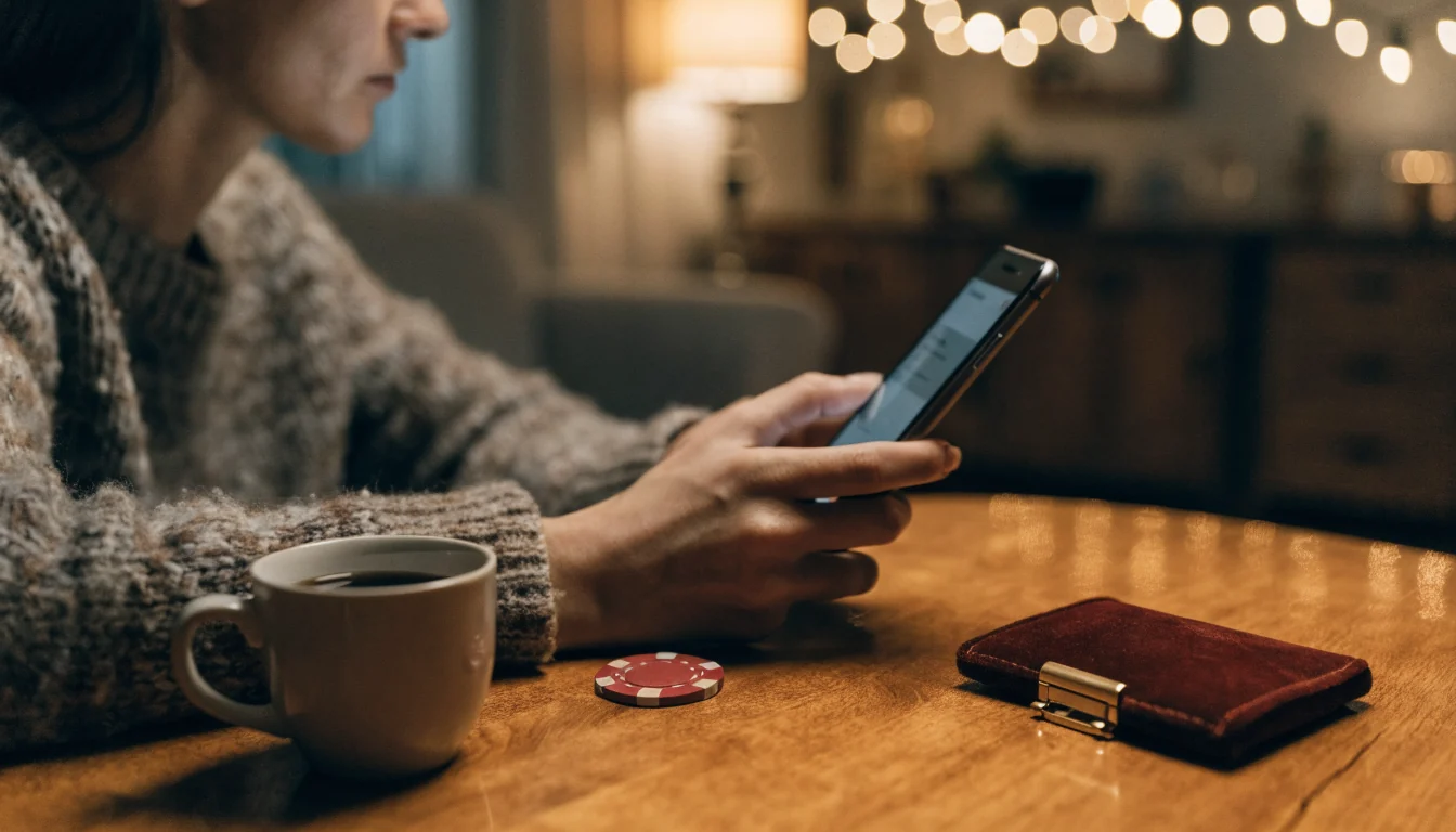 Person am Tisch mit Smartphone für Giropay-Einzahlung, Casino-Chip daneben