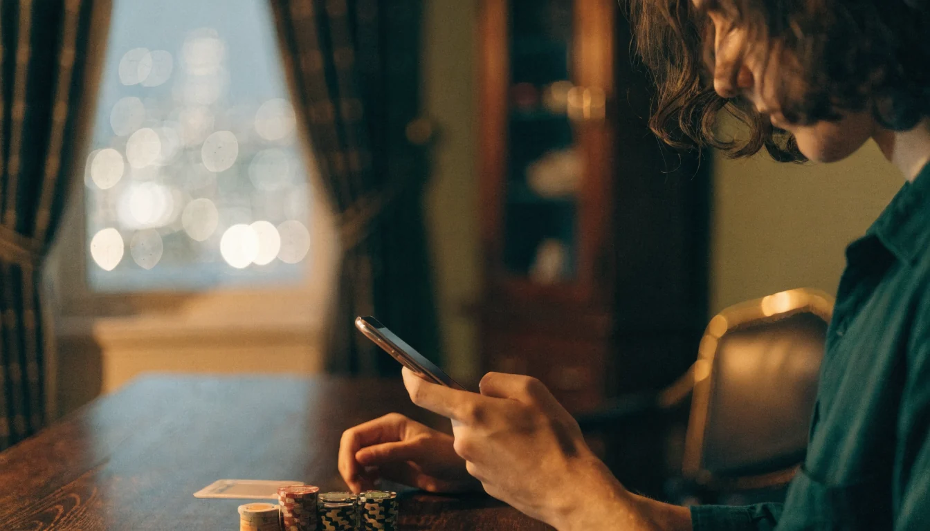 Österreicher mit Smartphone und Casino-Chips am Schreibtisch
