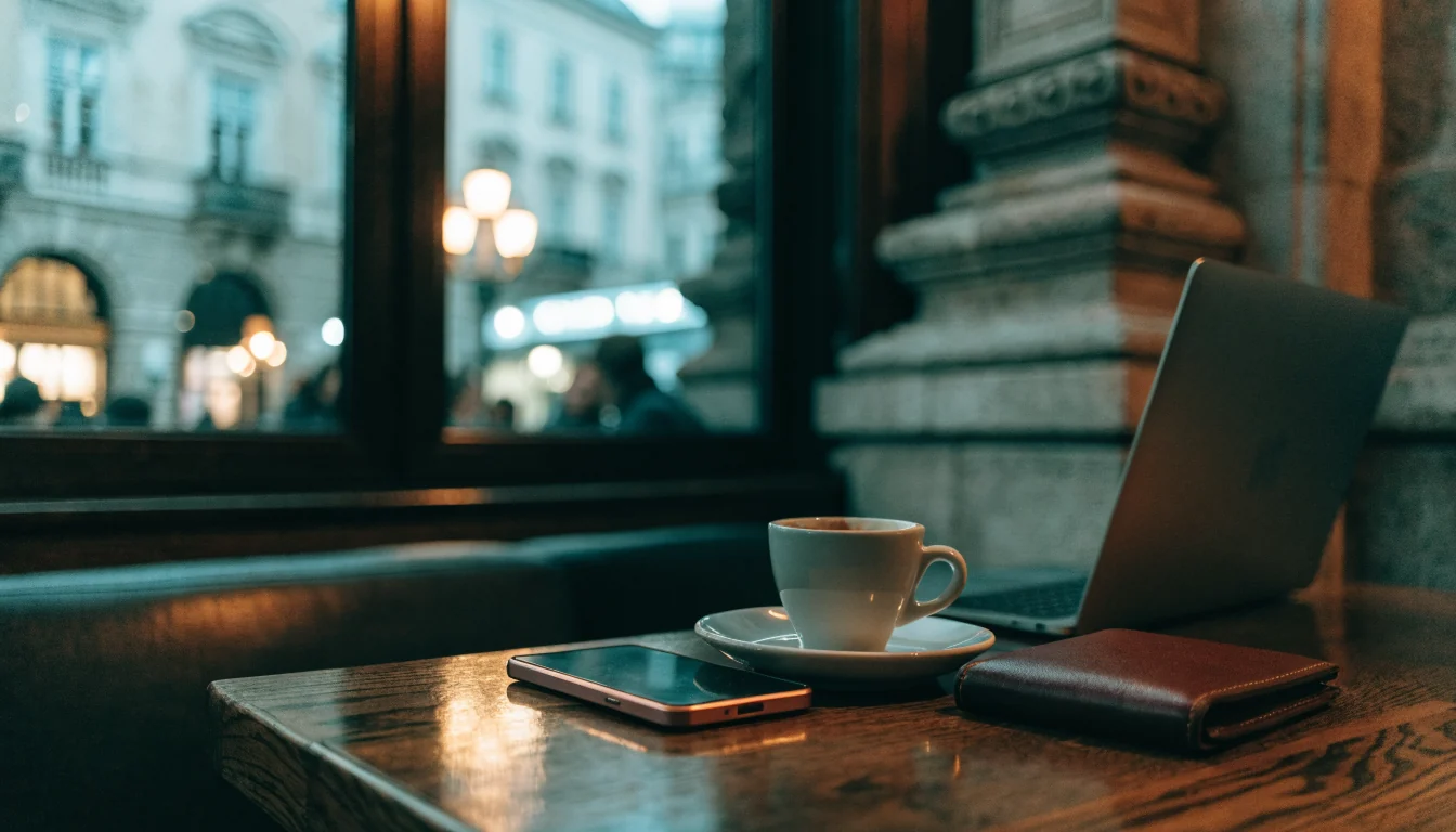 Smartphone und Geldbörse auf einem Tisch in einem Wiener Café