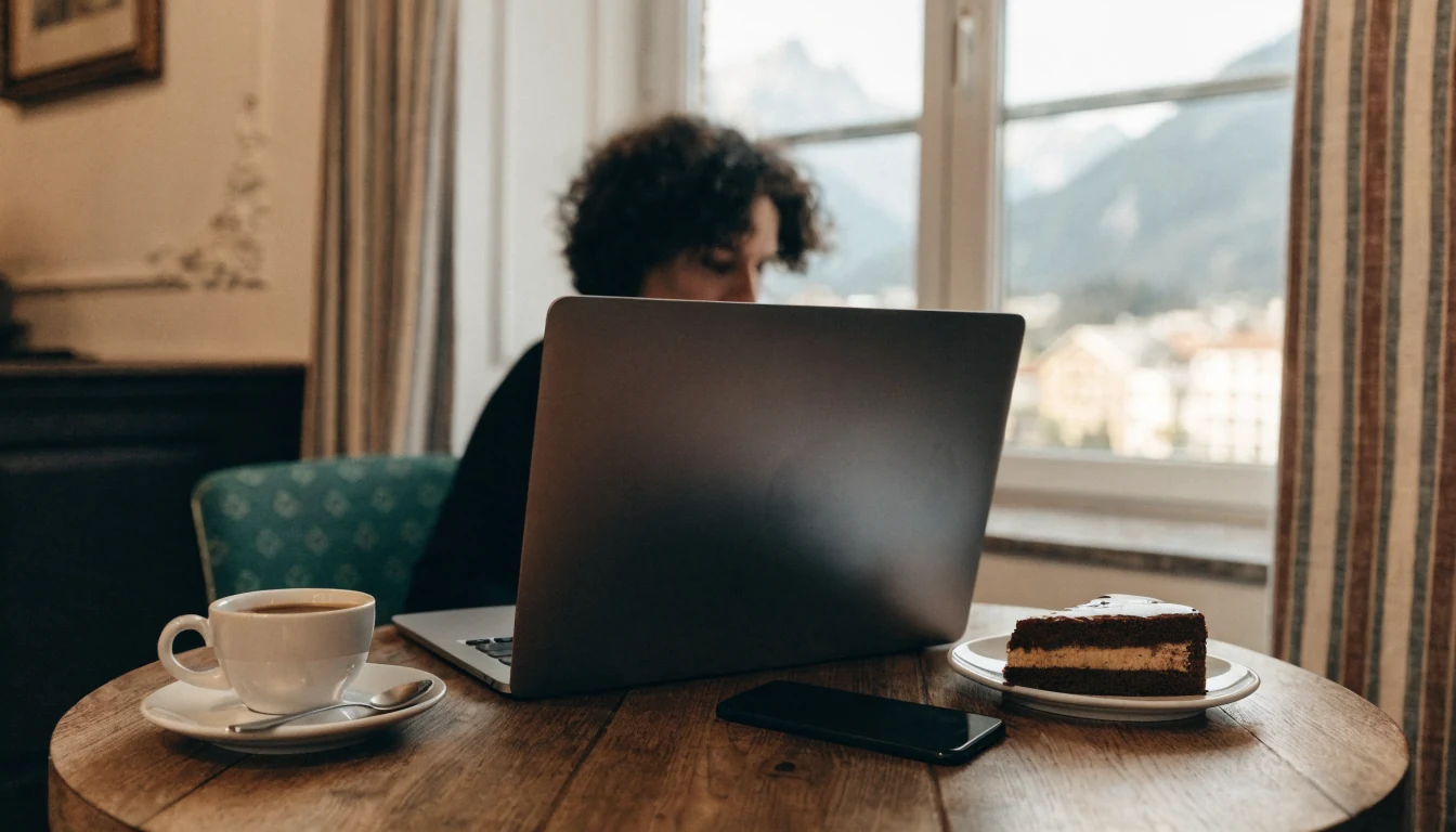 Laptop und Smartphone auf einem Wiener Kaffeetisch mit Sachertorte