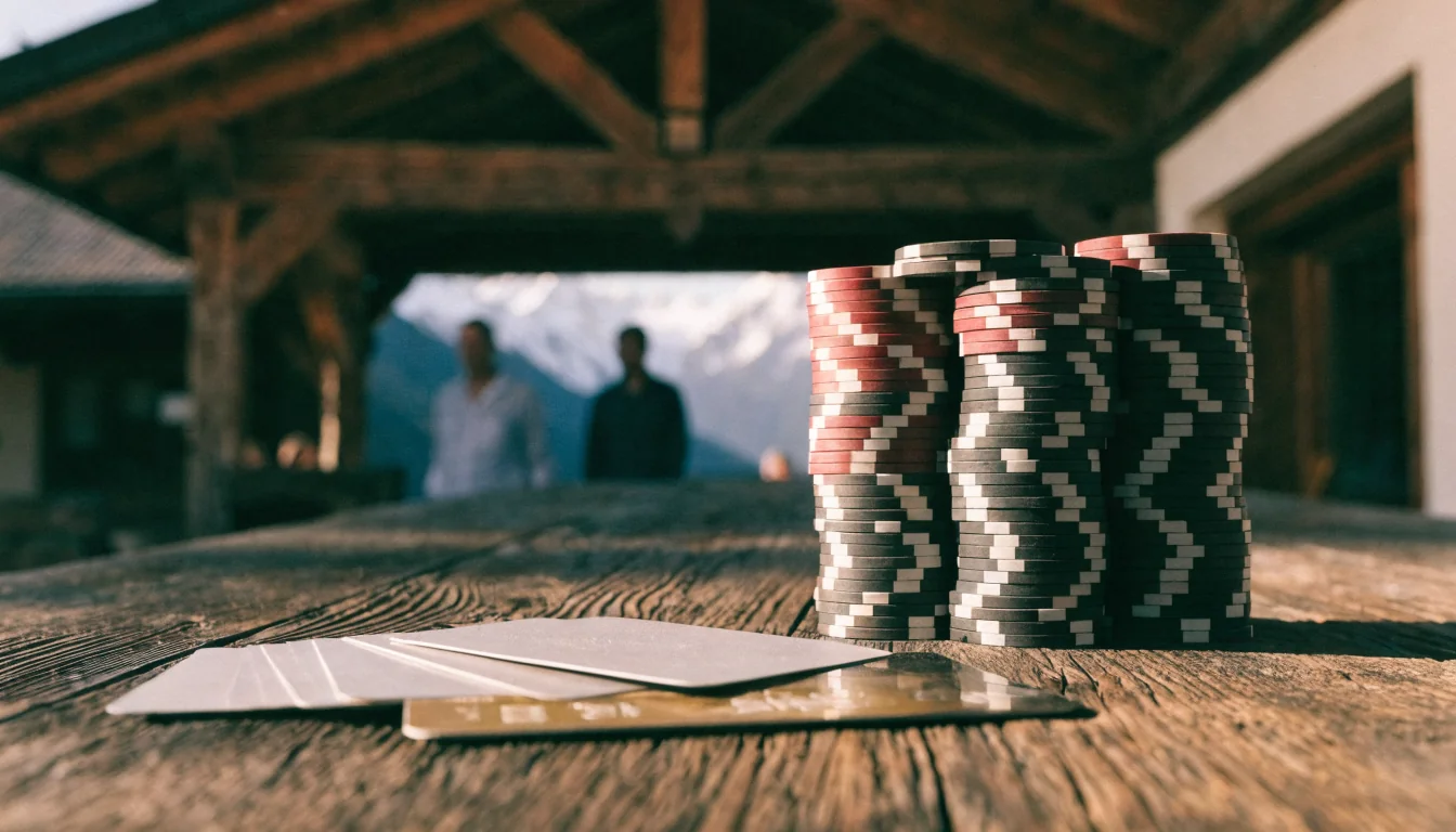 Stapel Spielchips und Karten auf einem Holztisch vor alpinem Panorama