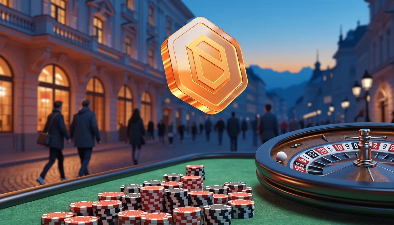 Goldene Kryptomünze über Spieltisch mit Jetons vor Wiener Altstadt-Fassade.