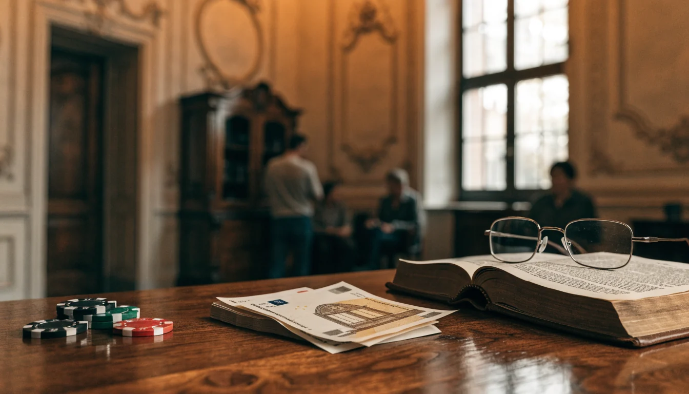 Casino-Chips, Euro-Scheine und ein Buch auf einem Tisch in elegantem Wiener Interieur