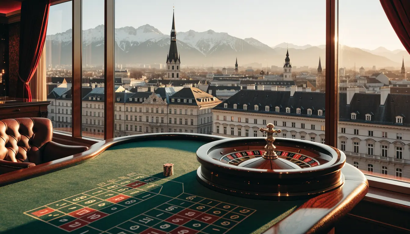 Eleganter Spieltisch mit Pokerchips und Roulette vor Wiener Skyline