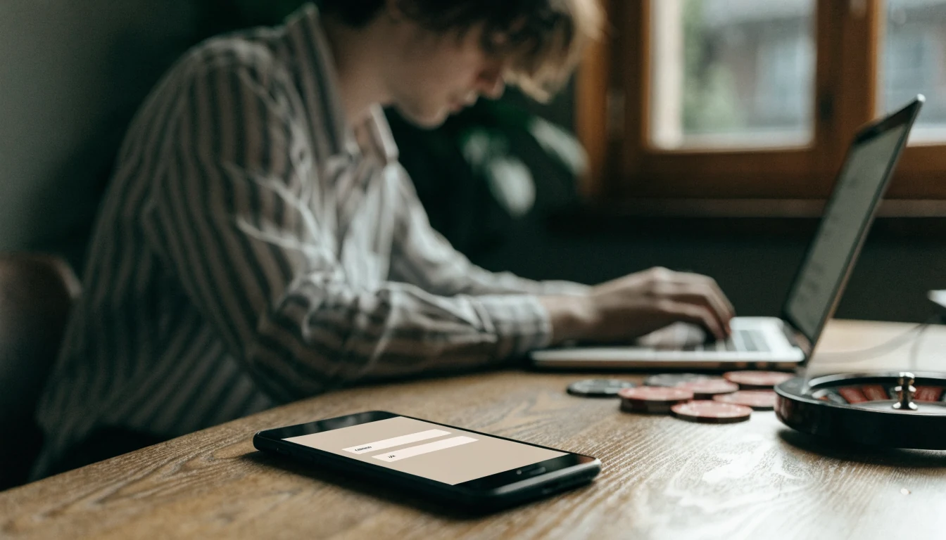 Person am Schreibtisch mit Laptop und Smartphone bei Online-Banking