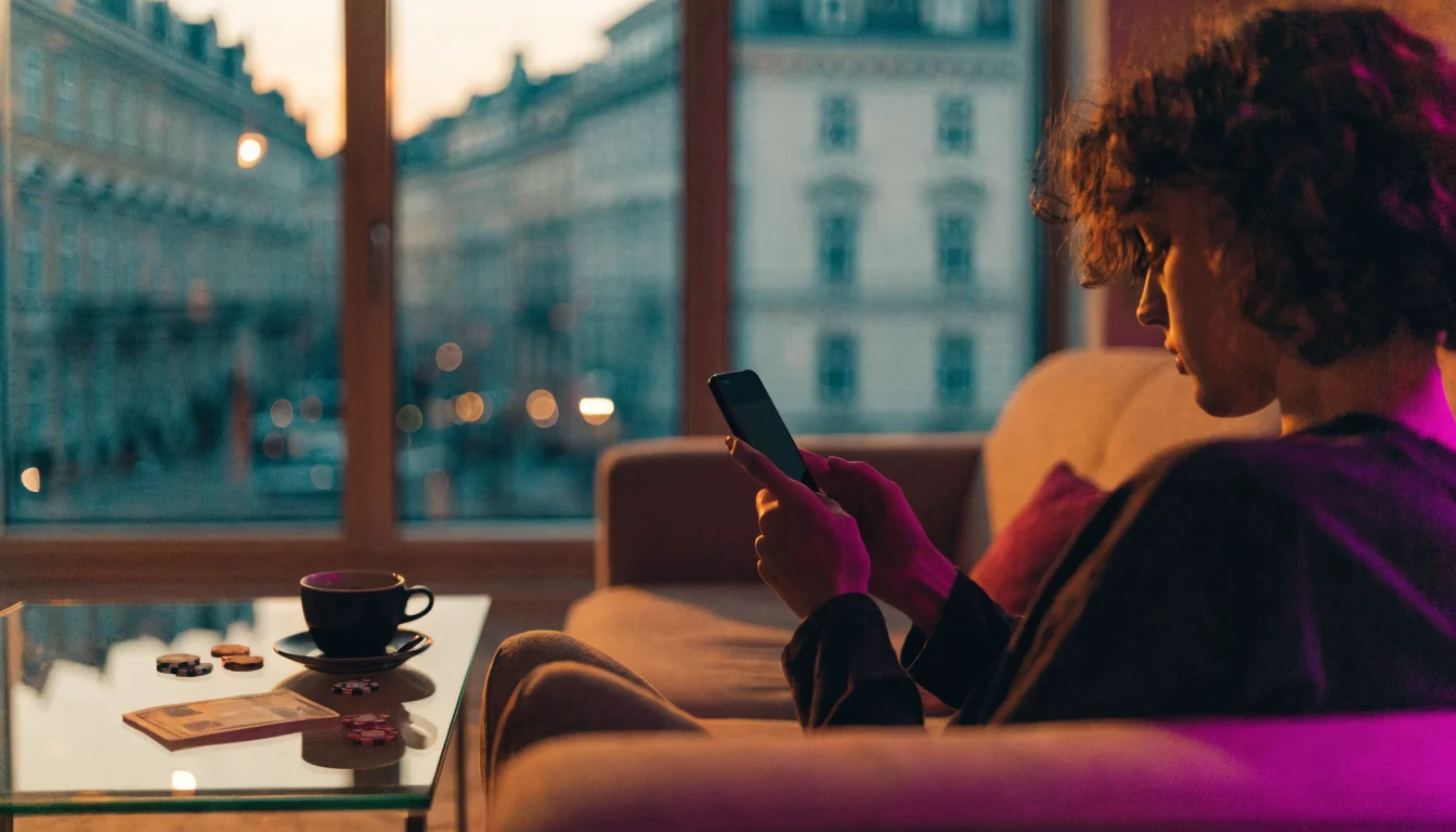 Person mit Smartphone, Casino-Chips und Euro auf dem Tisch in Wiener Wohnung