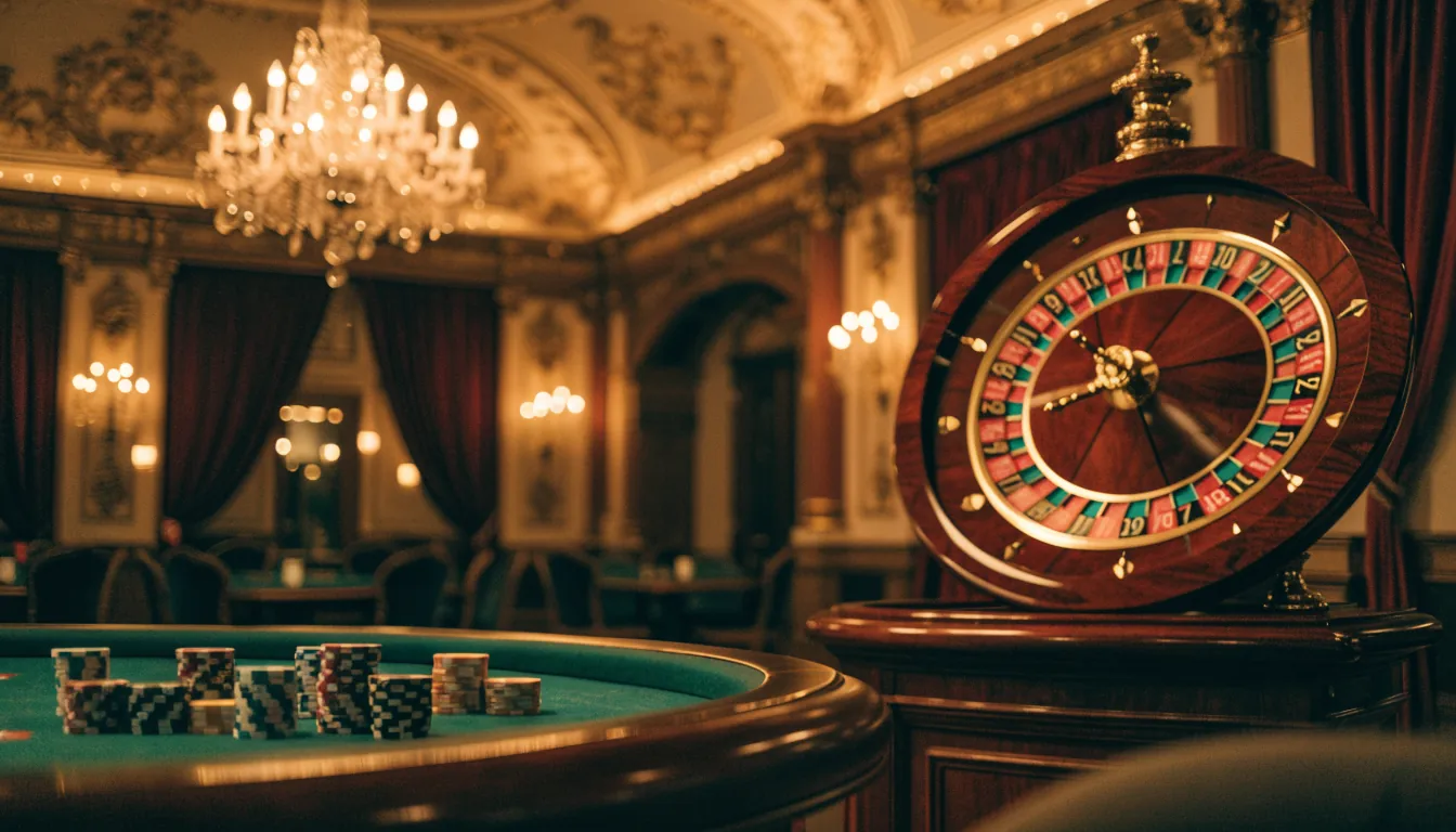Elegantes österreichisches Casino in Wien mit Roulette-Tisch und gestapelten Spielchips