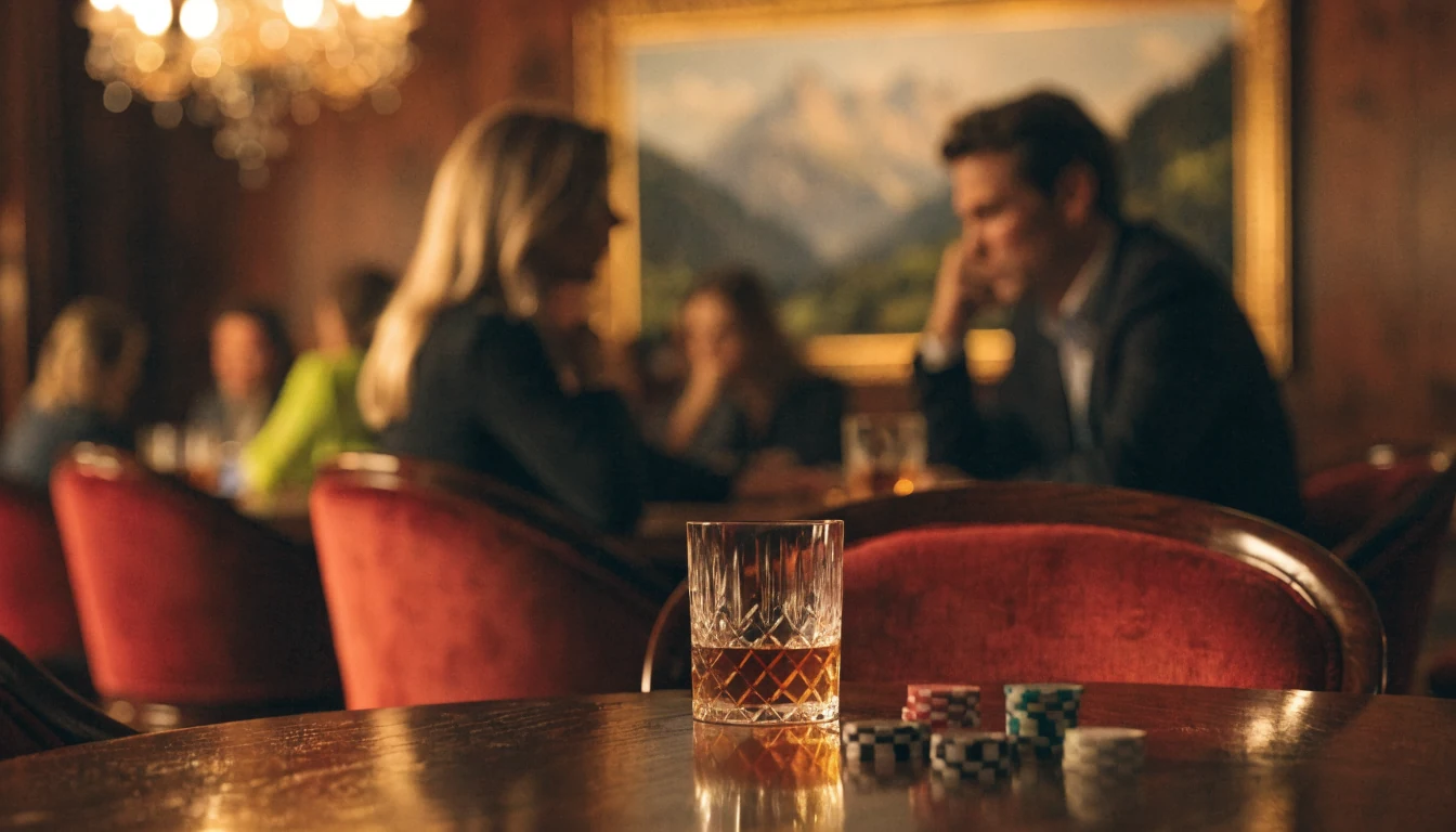 Stimmungsvolle österreichische Casino-Lounge mit Spielchips und Samtstühlen