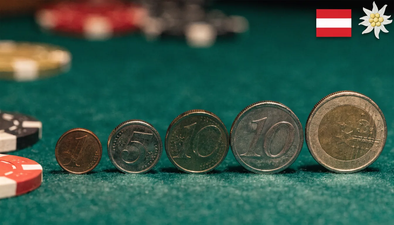 Euro-Münzen verschiedener Stückelungen mit Casino-Chips auf grünem Filz