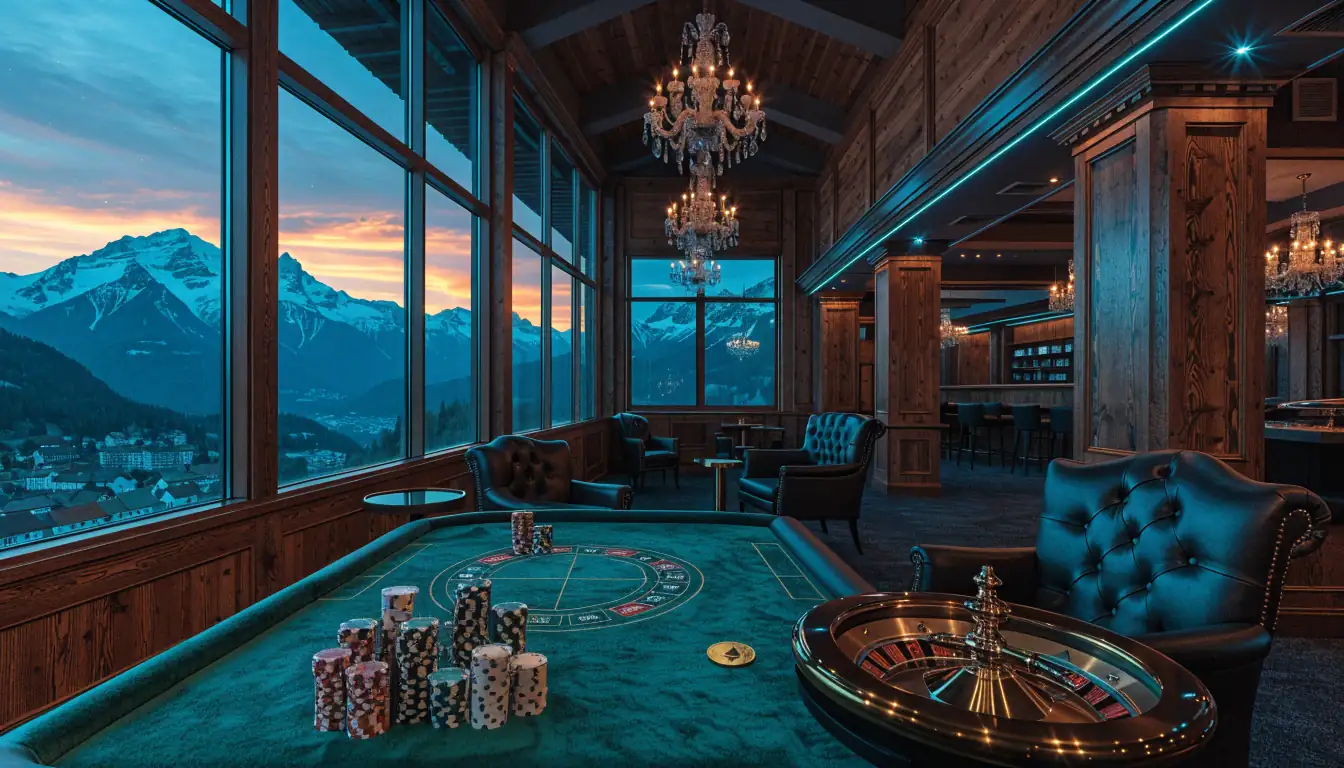 Luxuriöse österreichische Alpen-Casino-Lounge mit Blick auf die Berge bei Dämmerung