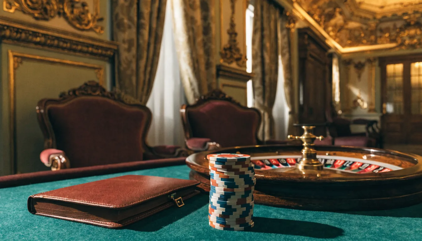 Elegantes österreichisches Casino mit Spieltisch, Jetons und Roulette