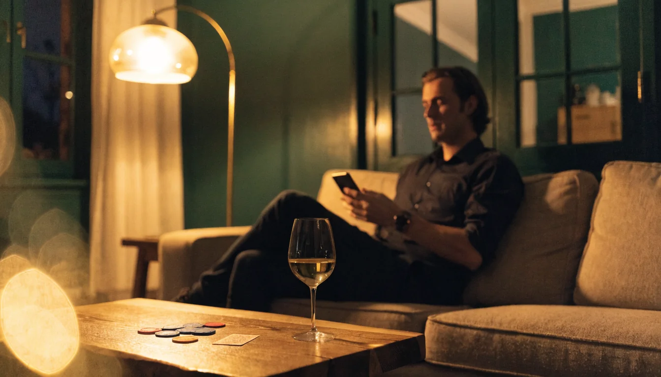 Österreicher mit Smartphone, Casino-Chips und Weinglas auf dem Couchtisch