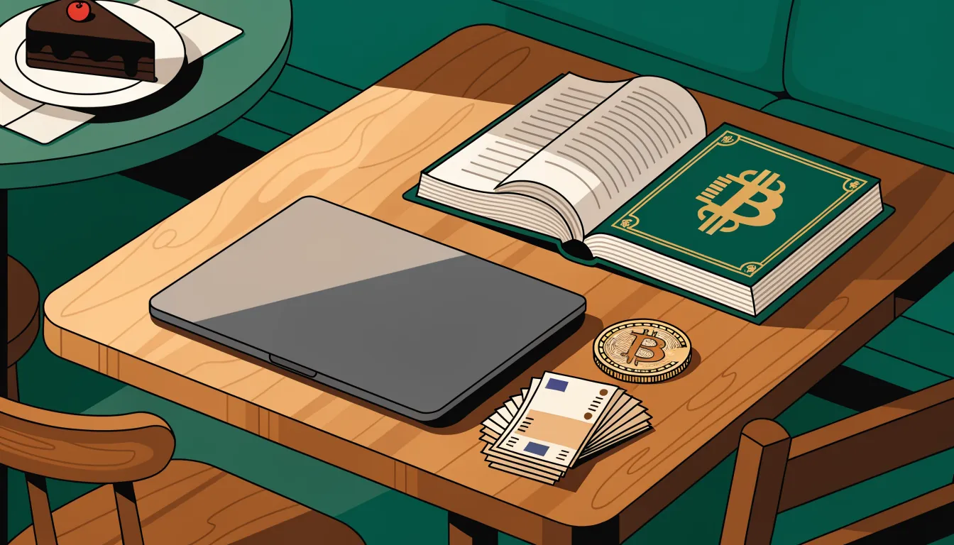 Wiener Kaffeehaus-Tisch mit Laptop, Bitcoin-Münze, Euro-Scheinen und österreichischem Gesetzbuch