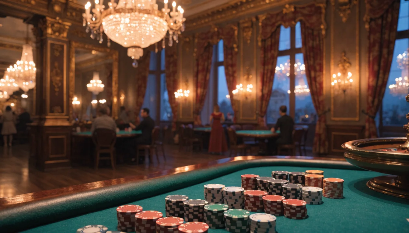 Elegantes Wiener Casino mit Roulette und Chips bei warmem Kerzenlicht