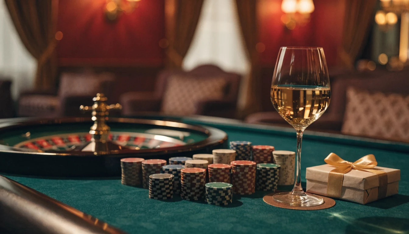 Roulette-Tisch mit Casino-Chips und Willkommensgeschenk in österreichischem Spielcasino