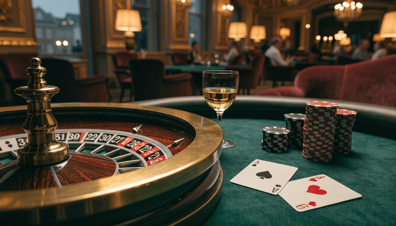Roulette-Rad, Spielchips und Karten auf einem Casino-Tisch