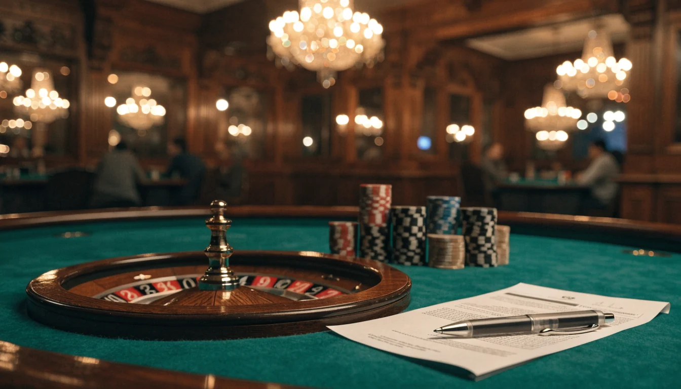 Roulette-Tisch mit Casino-Chips und Rechnung in elegantem österreichischem Casino
