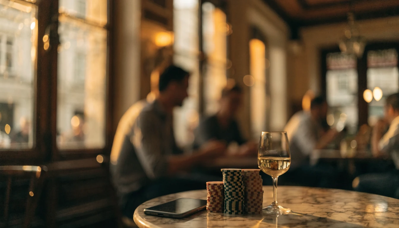 Smartphone und Pokerchips auf einem Wiener Kaffehaustisch