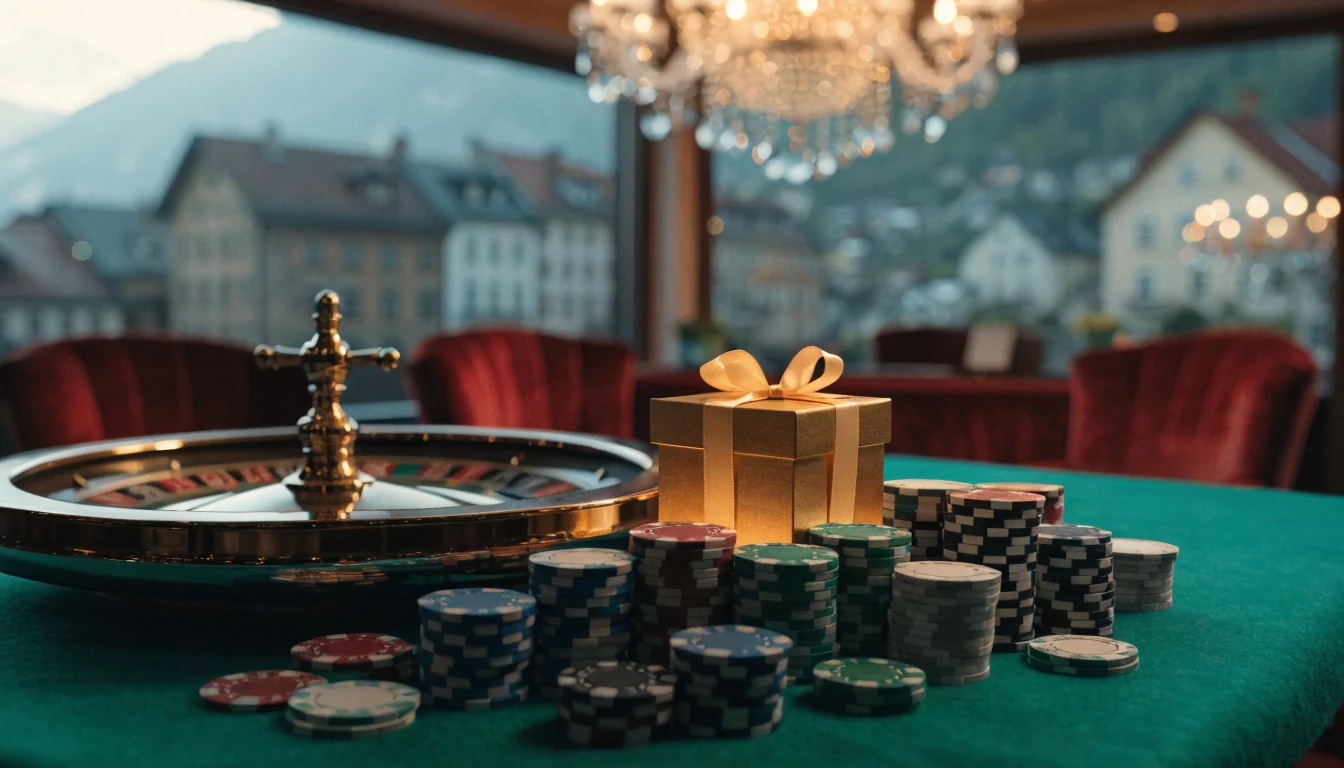 Stilvolles österreichisches Casino mit Roulette, Chips und goldener Geschenkbox als Bonus-Symbol