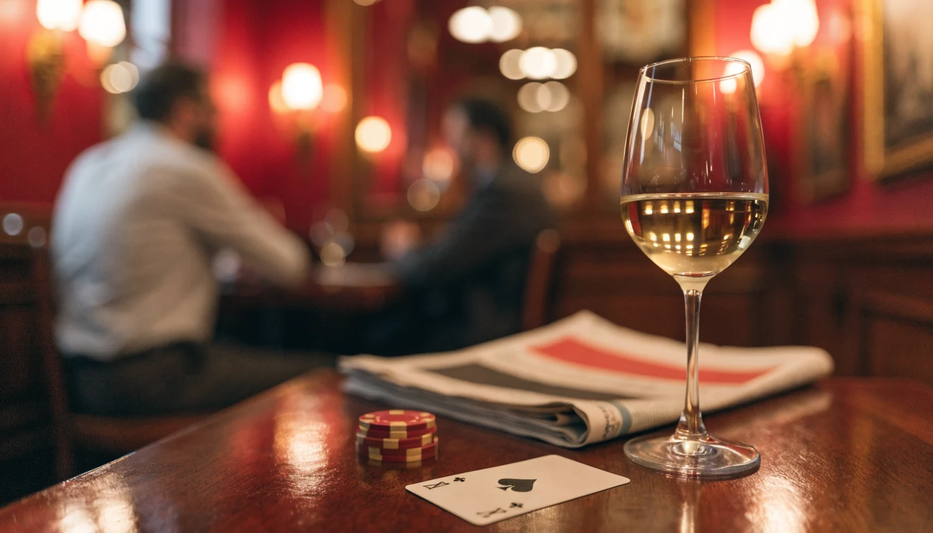 Casino-Chips und Spielkarte auf einem Holztisch in Wiener Café