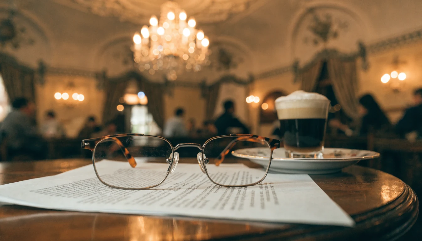 Lesebrille auf gedruckten Bonusbedingungen im Wiener Kaffeehaus