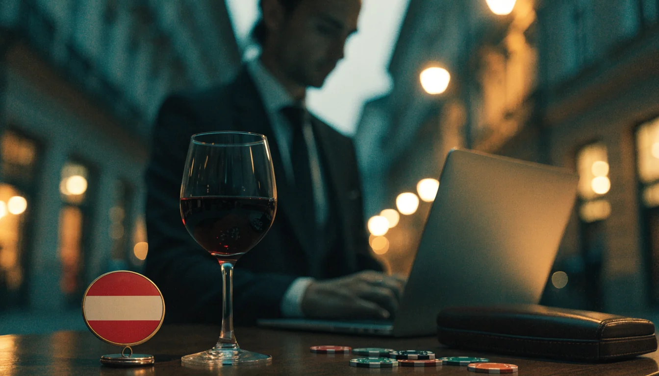 Casino-Chips und geschlossener Laptop auf einem Tisch, österreichische Atmosphäre