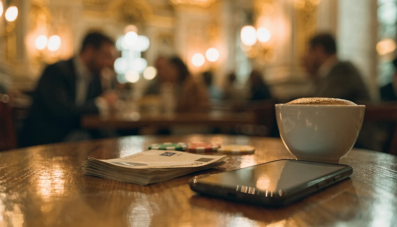 Casino-Chips und Euro-Scheine auf einem Tisch in einem Wiener Café