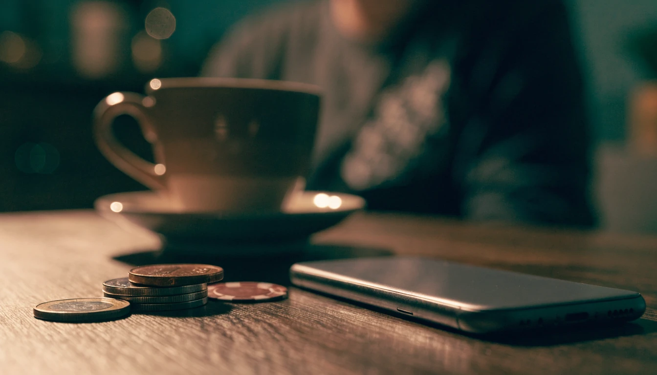 Smartphone mit Euro-Münzen und Pokerchip auf einem Holztisch in Österreich