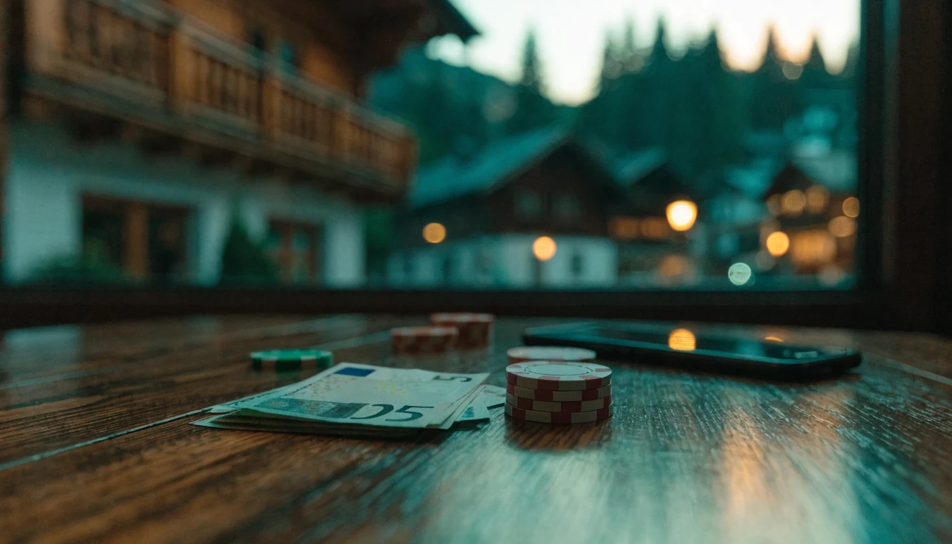 Euro-Geldscheine und Casino-Chips neben einem Smartphone auf einem Holztisch